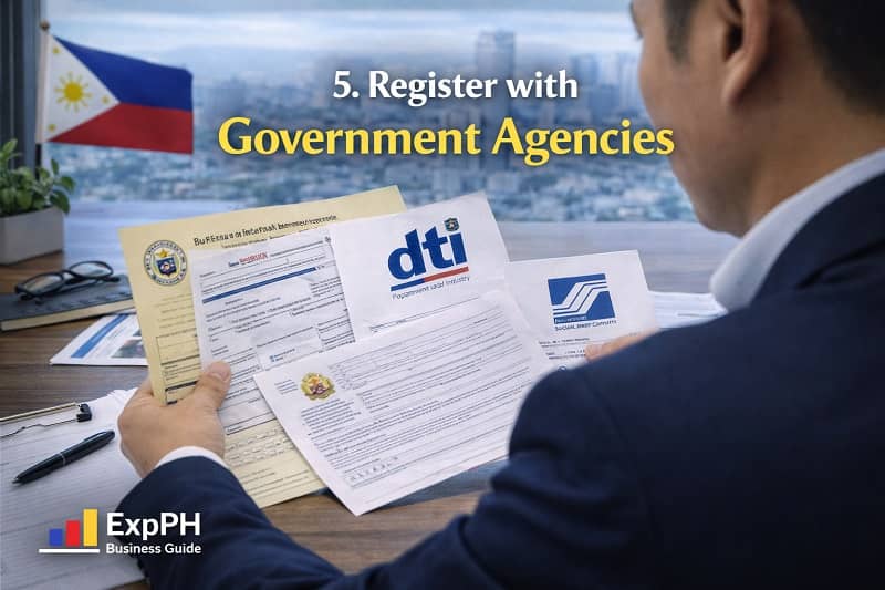 Register with government agencies in the Philippines with business documents from DTI, BIR, and local offices on a desk in a professional setting