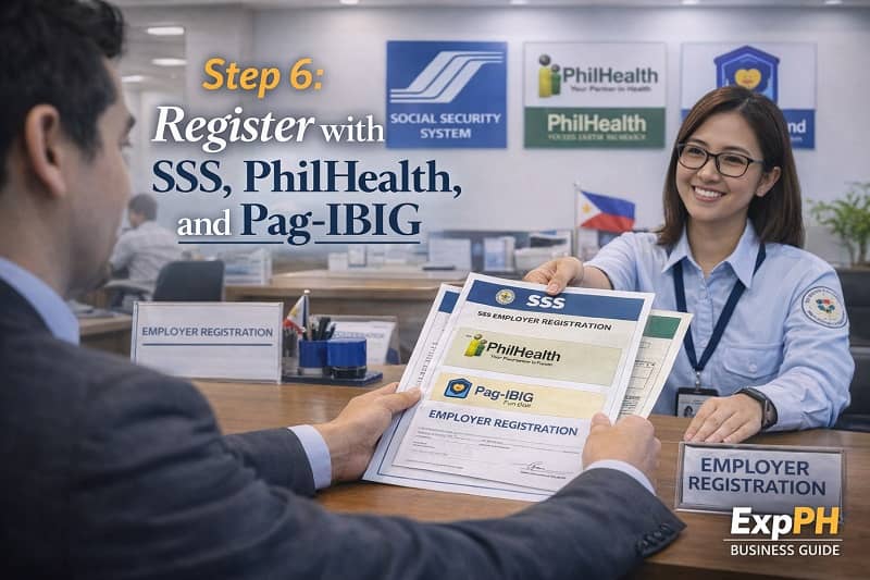 Business owner processing SSS PhilHealth and Pag IBIG registration documents at a government office in the Philippines