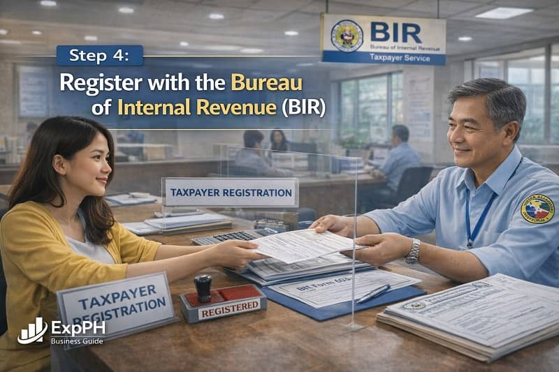 Filipino entrepreneur registering a business with the Bureau of Internal Revenue BIR at a Philippine tax office