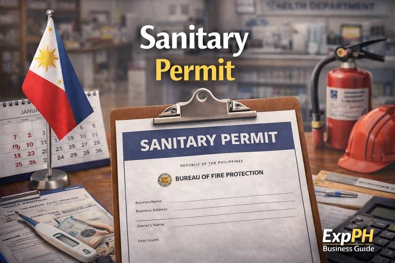 Sanitary Permit document on a desk with health inspection tools representing sanitation compliance requirements for businesses in the Philippines