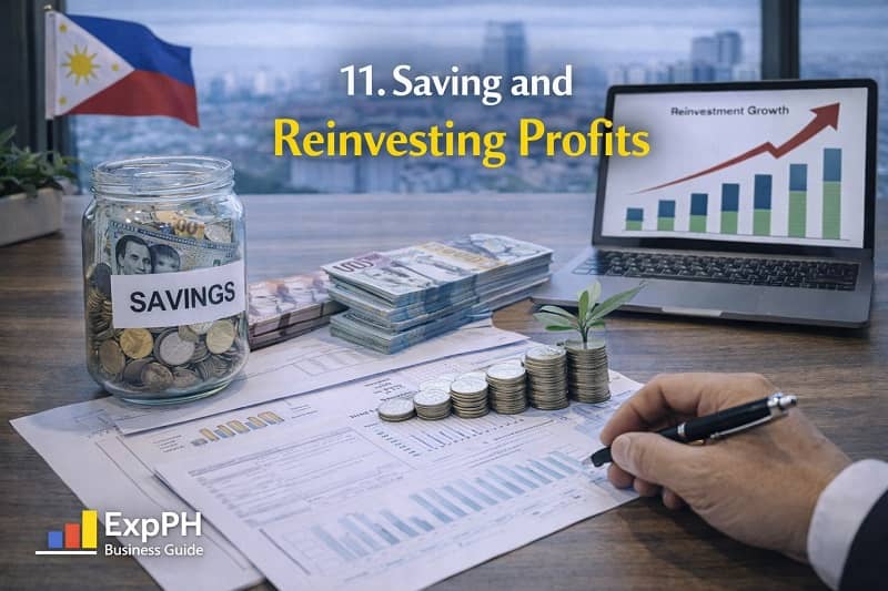 Saving and reinvesting profits in the Philippines with savings jar, growing plant on coins, financial charts, and Philippine peso money on desk