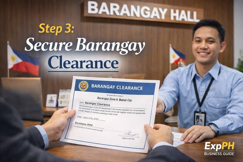 Business owner receiving barangay clearance certificate at a barangay hall office in the Philippines
