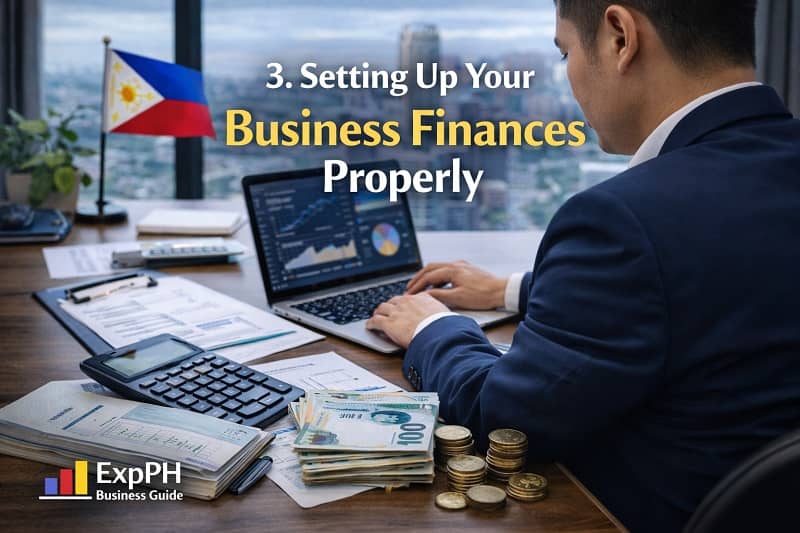 Setting up business finances properly in the Philippines with businessman using laptop, financial documents, calculator, and Philippine peso money on desk