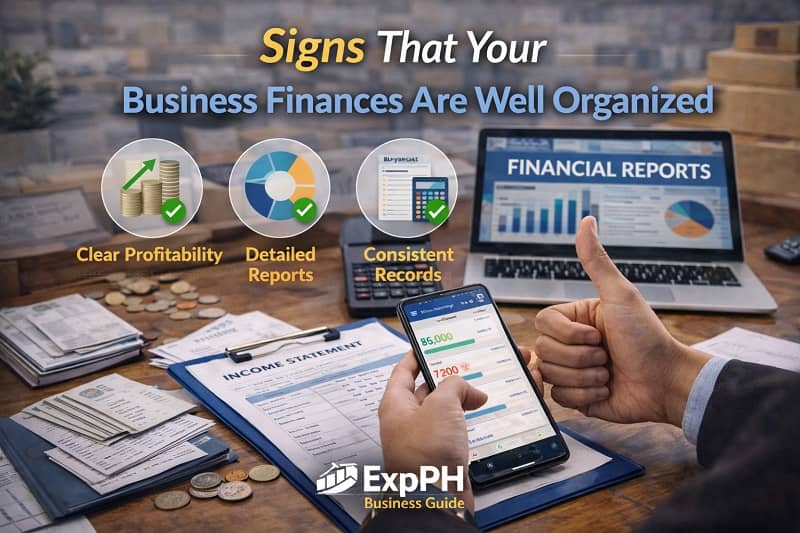 Filipino entrepreneur reviewing financial reports and income statement on a laptop and smartphone showing organized business finances.