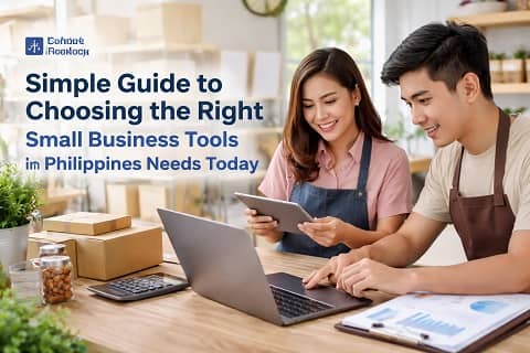 Filipino small business owners using laptop and tablet to manage Small Business Tools in the Philippines for daily operations