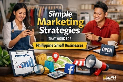 Filipino small business owners using smartphone and laptop for simple marketing strategies inside a local shop in the Philippines