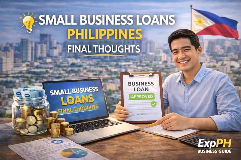 Filipino entrepreneur reviewing approved small business loan documents with laptop, coins, and financial reports in a Philippine city setting