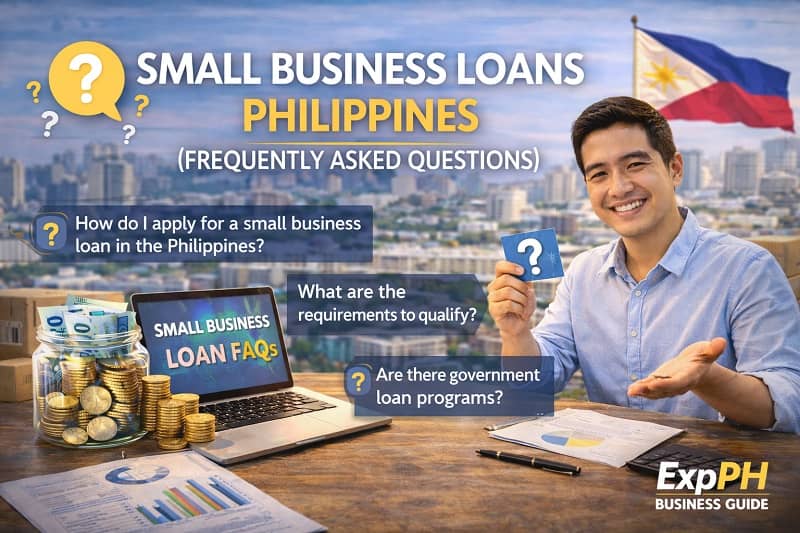 Filipino entrepreneur discussing small business loans Philippines frequently asked questions with laptop, coins, and financial charts in a Philippine city setting
