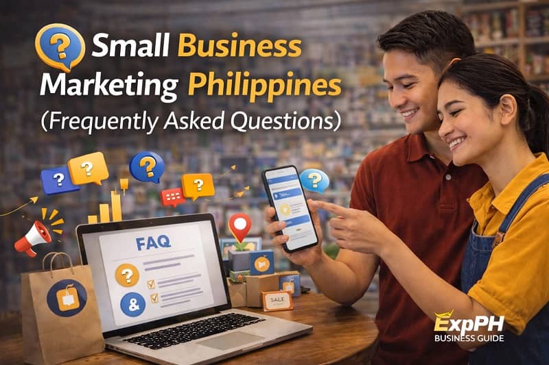 Filipino small business owners reviewing marketing FAQs on laptop and smartphone inside a local retail shop in the Philippines