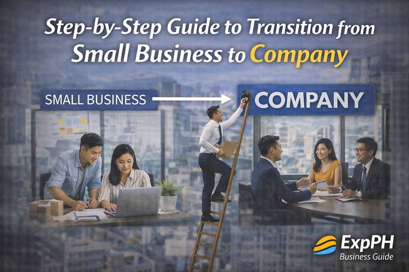 Filipino entrepreneur moving from a small business setup to a corporate office environment, representing a step by step transition to a company