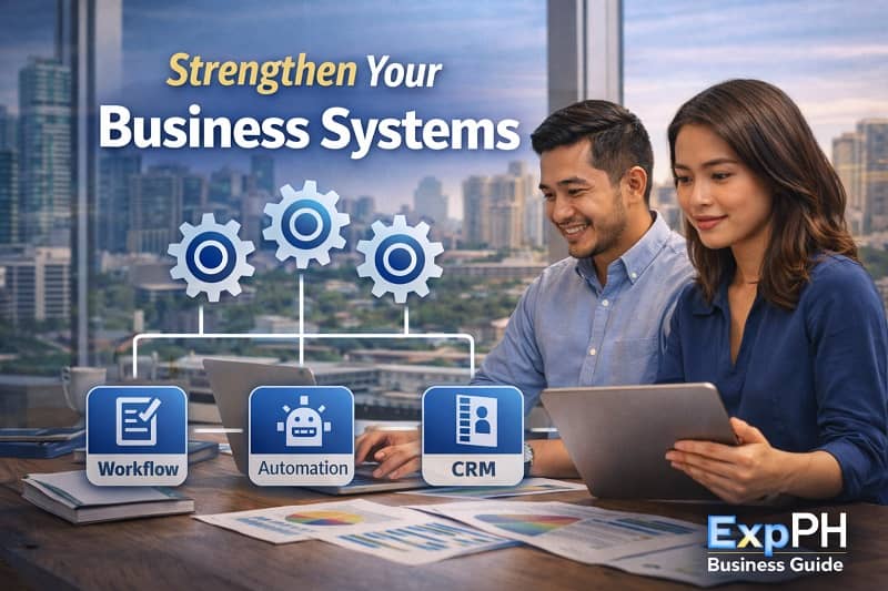 Filipino business professionals using digital tools and workflow systems to strengthen business systems for scalable operations in the Philippines.