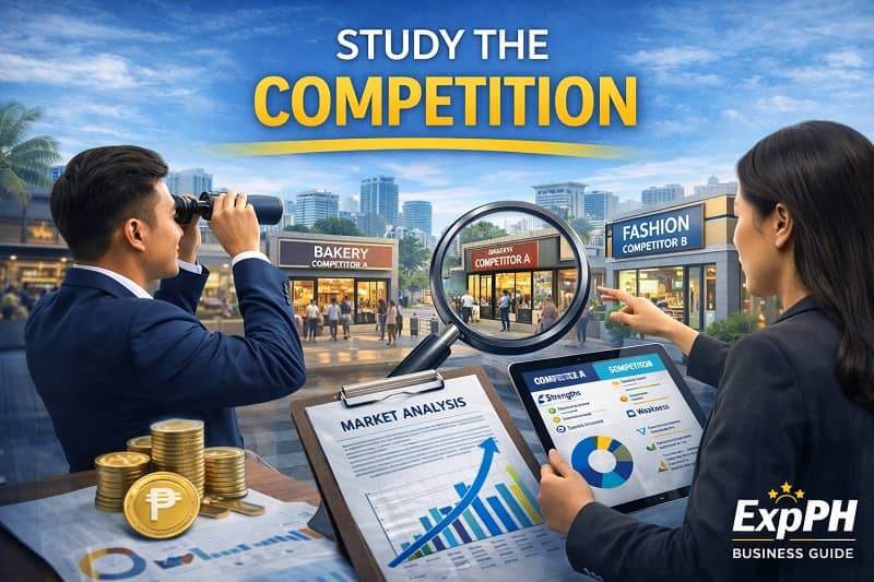 Entrepreneurs analyzing competitor stores in a Philippine business district using market analysis charts and observation tools with ExpPH Business Guide logo.