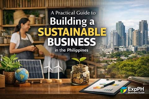 Filipino entrepreneurs planning a sustainable business with eco-friendly tools and city background in the Philippines