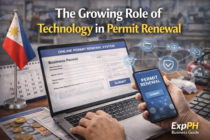 Laptop and smartphone showing online business permit renewal system representing the growing role of technology in permit renewal in the Philippines