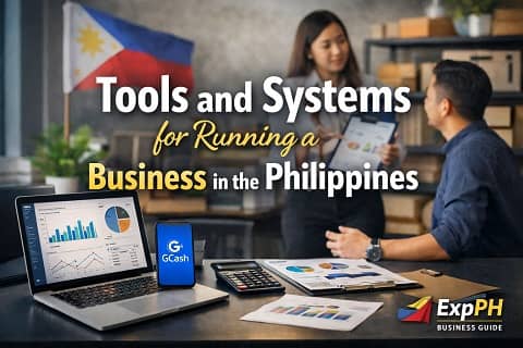Business tools and systems setup in the Philippines with laptop, GCash mobile payment, financial charts, and Filipino entrepreneurs discussing business strategies in an office