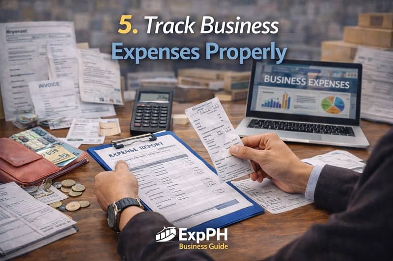 Filipino entrepreneur reviewing receipts and filling out an expense report while tracking business expenses on a laptop.