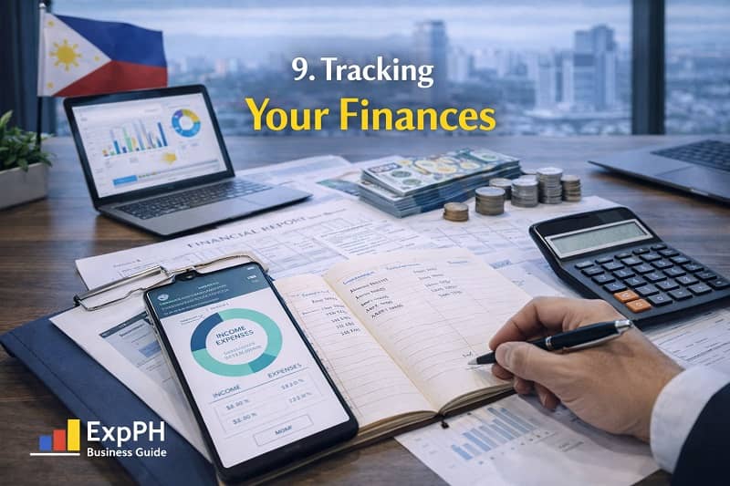 Tracking your finances in the Philippines using financial reports, smartphone app, notebook, and calculator on a business desk