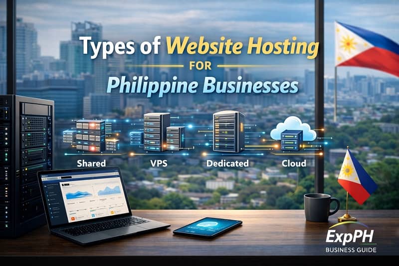Types of website hosting for Philippine businesses showing shared, VPS, dedicated, and cloud hosting with server infrastructure in a modern Philippine office.