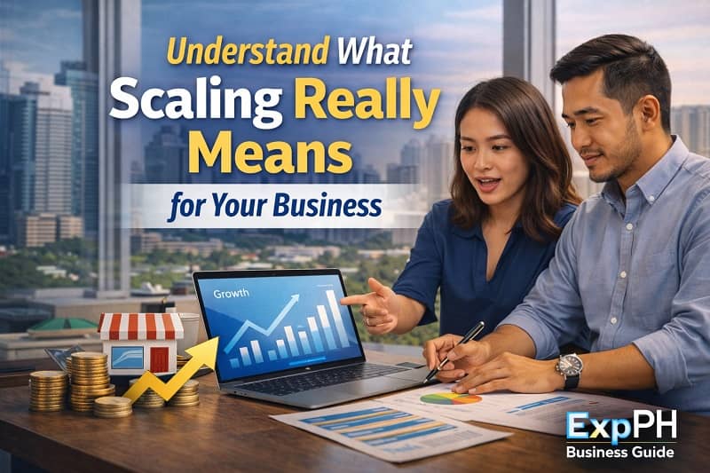 Filipino entrepreneurs analyzing business growth charts and discussing strategies to understand what scaling really means for a business in the Philippines.
