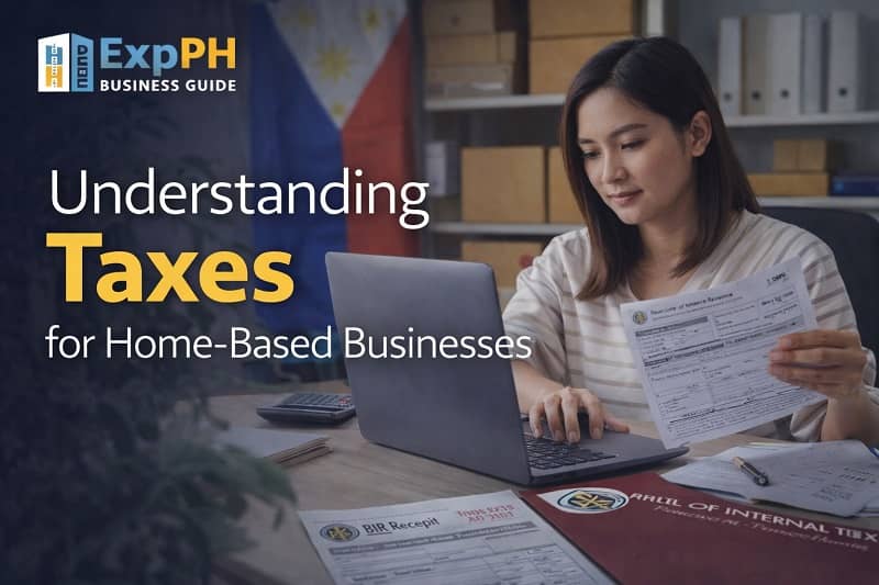 Filipino home-based entrepreneur reviewing BIR tax documents and calculating expenses at a home office in the Philippines