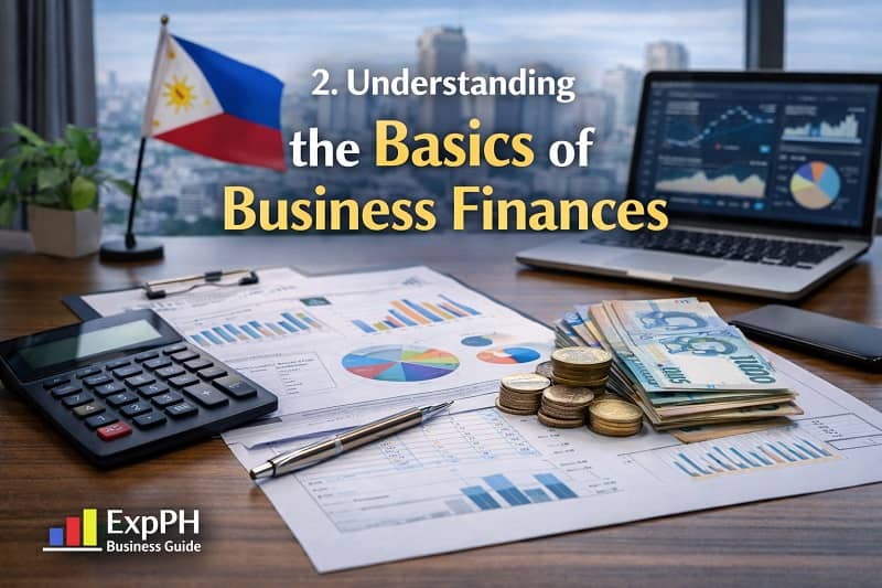 Understanding the basics of business finances in the Philippines with calculator, financial charts, laptop, and Philippine peso money on office desk