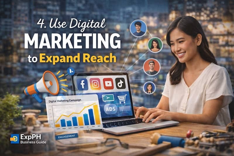 Filipino entrepreneur using laptop and smartphone with social media and analytics dashboard representing digital marketing for business growth in the Philippines