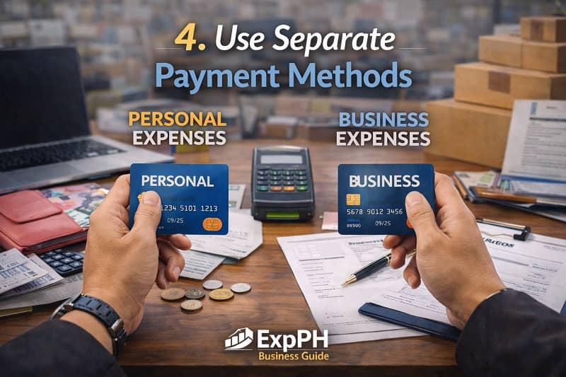 Filipino entrepreneur holding two cards labeled personal and business to show separate payment methods for managing finances.