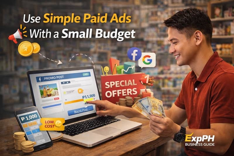 Filipino small business owner managing low budget Facebook ads campaign on laptop inside a local retail shop in the Philippines