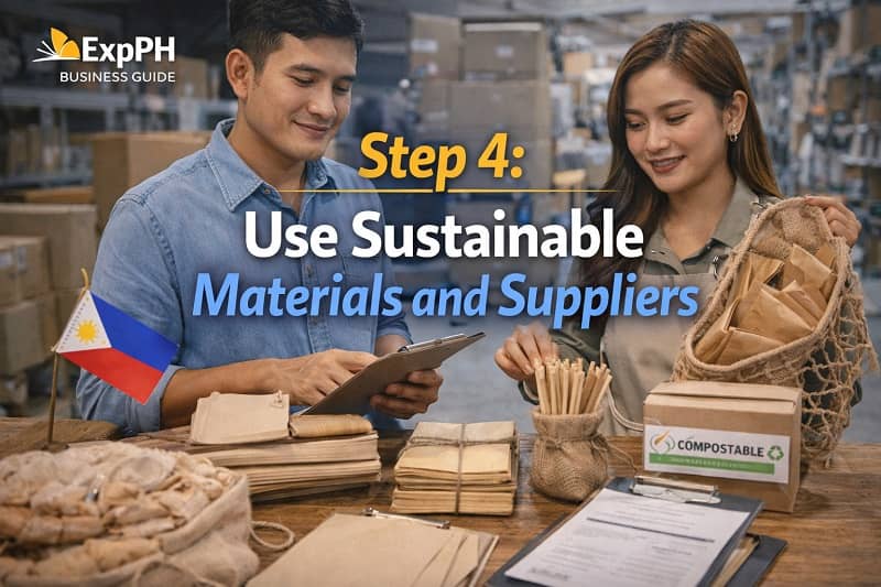 Filipino entrepreneurs reviewing eco friendly materials and sustainable packaging in a warehouse setting