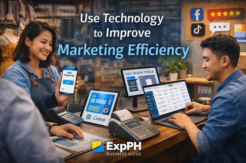 Filipino small business owners using digital tools like laptops, mobile apps, and design platforms to improve marketing efficiency