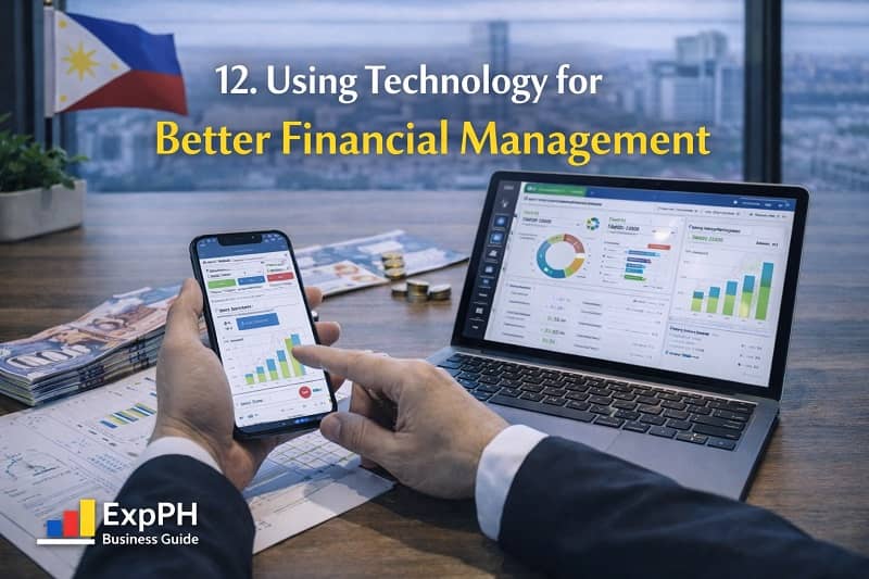 Using technology for better financial management in the Philippines with laptop, smartphone apps, financial charts, and Philippine peso money on desk