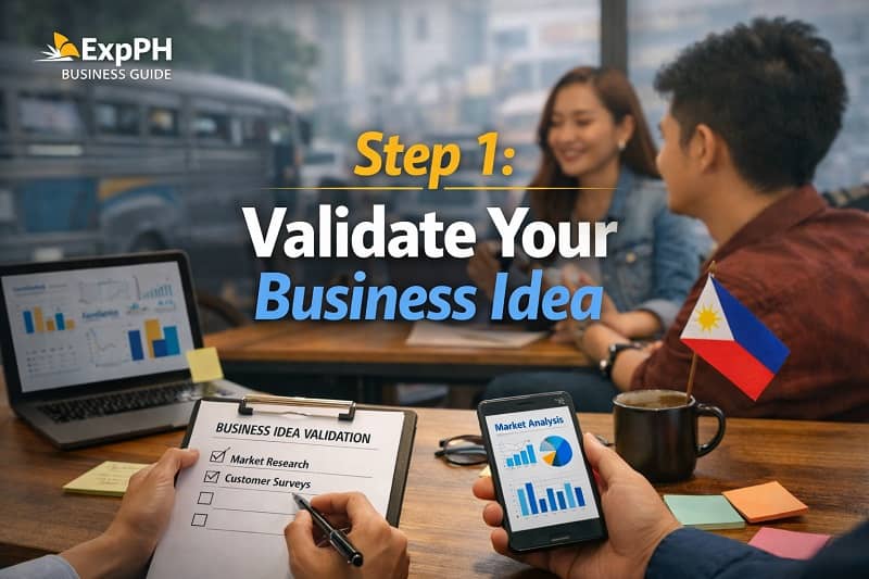 Entrepreneurs validating a business idea using market research checklist and analytics tools in a Philippine business setting