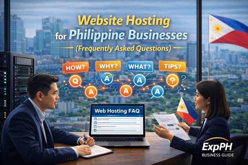 Website hosting for Philippine businesses frequently asked questions showing Filipino professionals discussing hosting FAQs with server infrastructure in a Philippine office.
