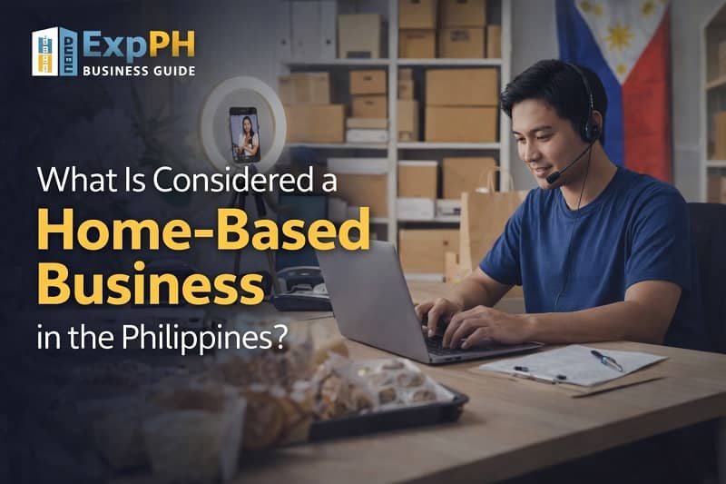 Filipino entrepreneur working from home office with laptop and documents representing what is considered a home-based business in the Philippines