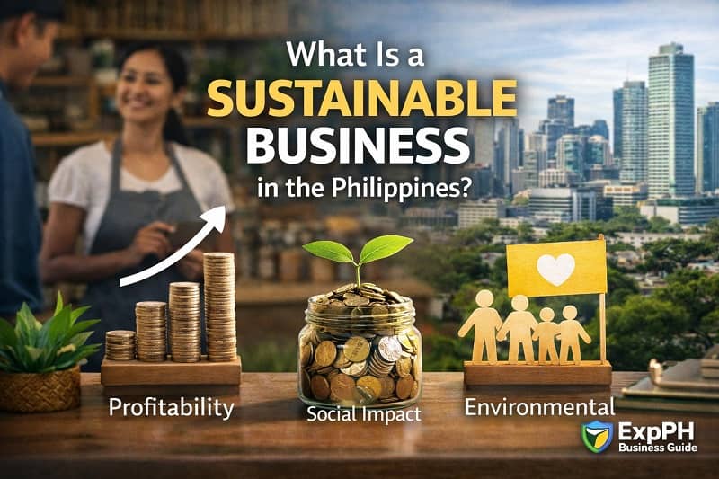 Sustainable business concept in the Philippines showing profitability social impact and environmental responsibility with Filipino entrepreneurs