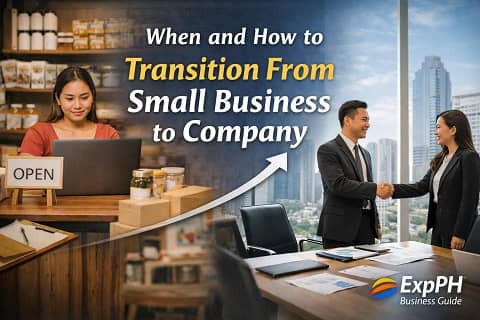 Filipina small business owner transitioning to a corporate setting with professionals shaking hands, representing business growth in the Philippines