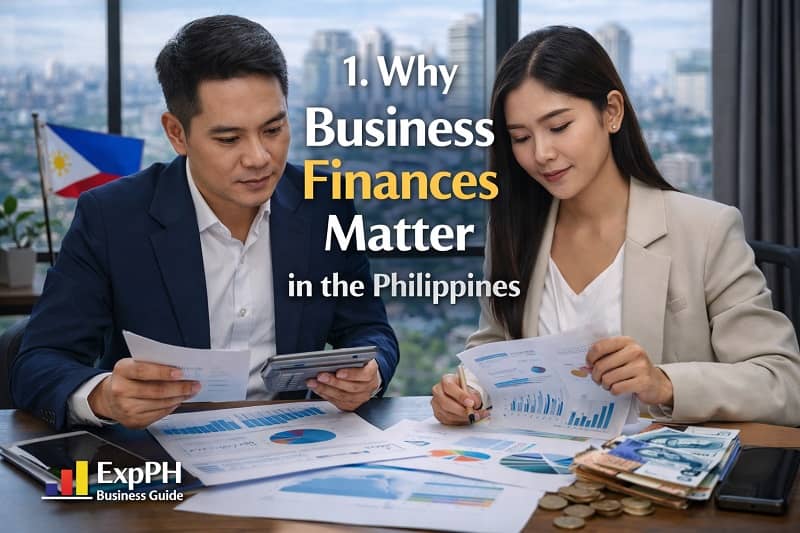 Why business finances matter in the Philippines with professionals reviewing financial reports, charts, and Philippine currency in an office setting
