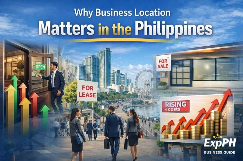 Entrepreneurs evaluating commercial spaces with for lease signs and city skyline illustrating why business location matters in the Philippines with ExpPH Business Guide logo.