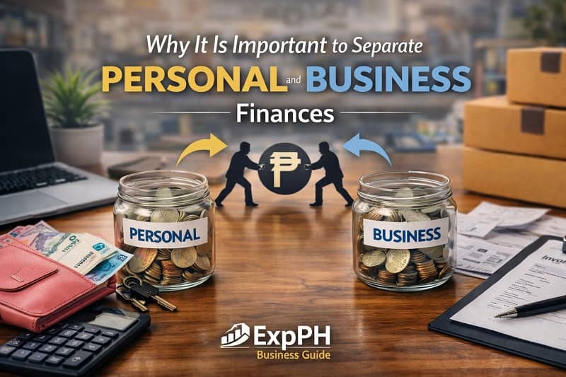 Desk workspace showing jars labeled personal and business finances with calculator receipts and documents illustrating the importance of separating personal and business finances.