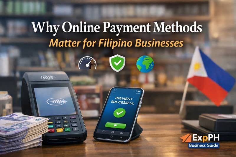 Filipino business setting with POS terminal, smartphone showing payment successful screen, and Philippine flag representing online payment methods importance