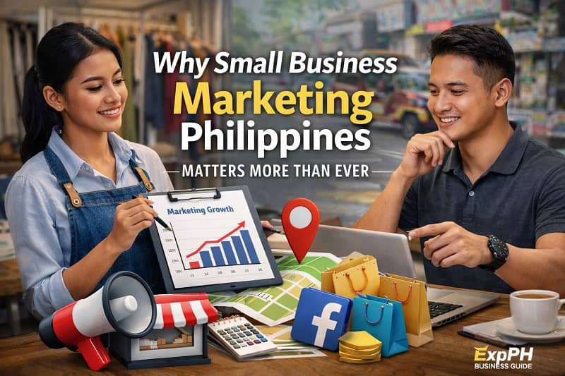 Filipino entrepreneurs reviewing marketing growth chart inside a local shop in the Philippines for small business marketing strategy discussion