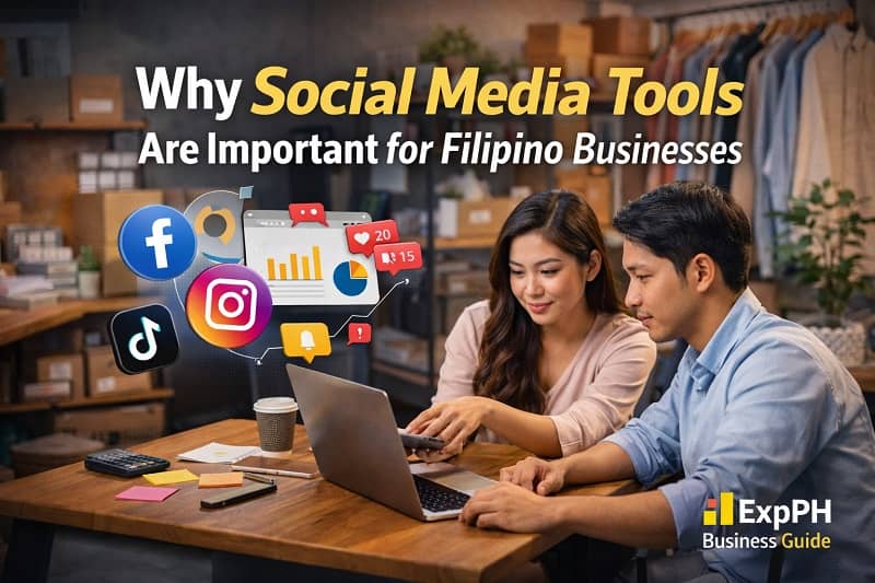 Filipino entrepreneurs reviewing social media analytics and management tools on a laptop in a small business workspace