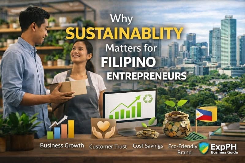 Filipino entrepreneurs practicing sustainable business with eco-friendly elements and city background in the Philippines