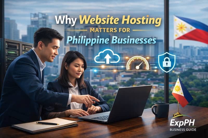 Why website hosting matters for Philippine businesses showing Filipino professionals working on a laptop with hosting speed, cloud, and security icons in a modern Philippine office.