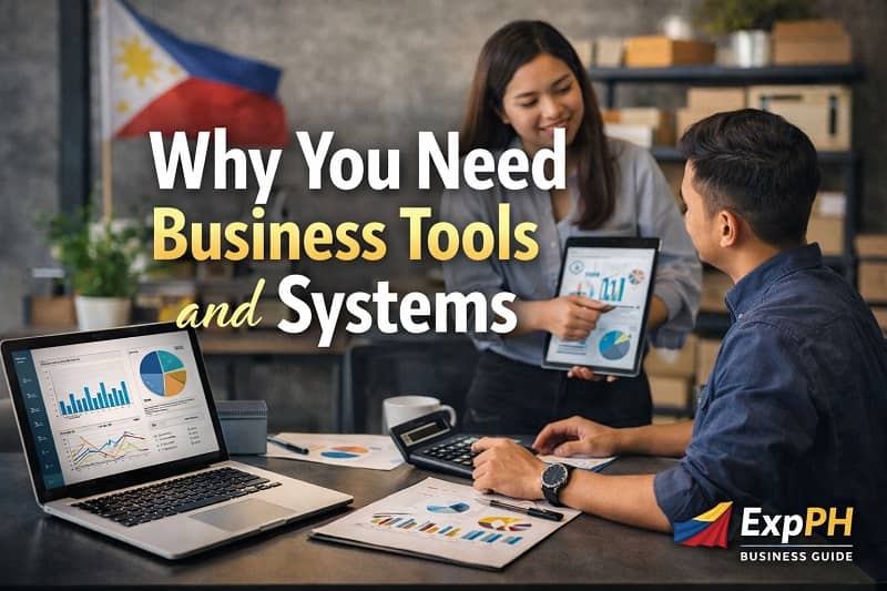 Filipino entrepreneurs using business tools and systems with laptop, financial reports, and tablet in a modern Philippine office setting