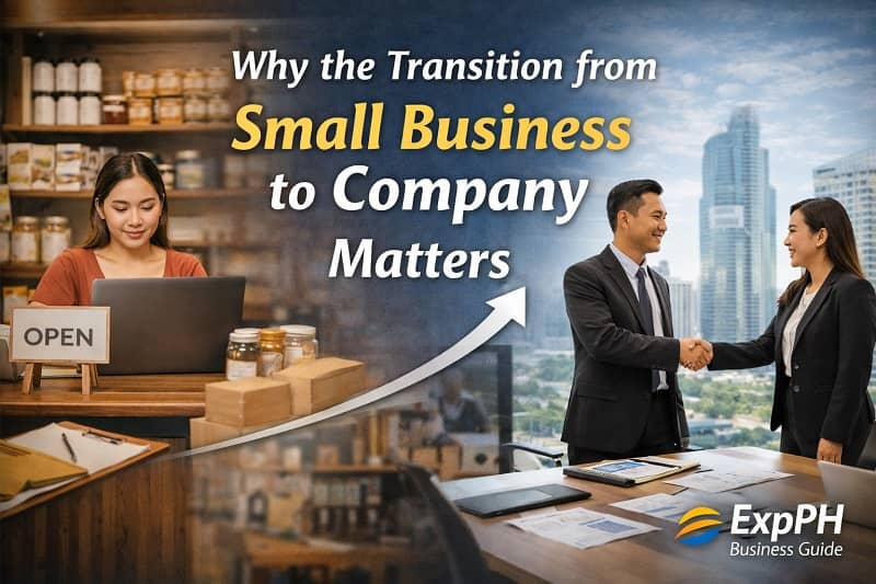 Filipina small business owner transitioning to a corporate environment with professionals shaking hands, representing business growth and company formation in the Philippines