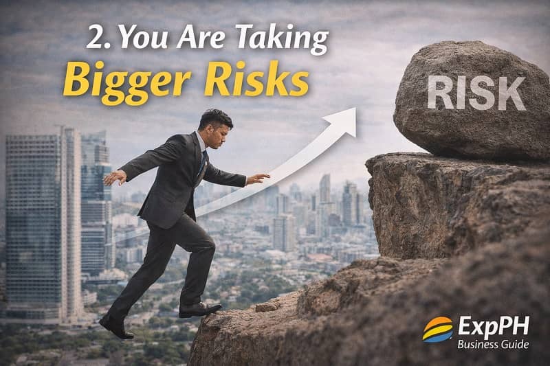 Filipino entrepreneur stepping toward a large risk symbol on a cliff with city background, representing increasing business risks in the Philippines