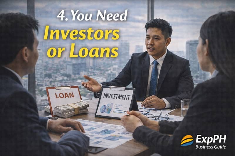 Filipino entrepreneur discussing investment and loan options with business partners in a modern office setting in the Philippines