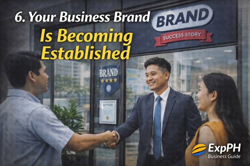Filipino business owner shaking hands with a client in front of a branded storefront, representing strong brand recognition and business credibility in the Philippines