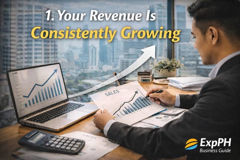 Filipino entrepreneur reviewing sales growth charts and upward trend on laptop, representing consistent revenue growth in a Philippine business setting